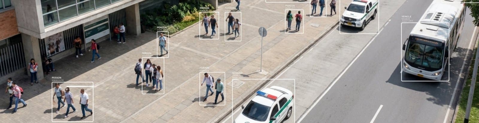 Street scene analyzed by Vision Edge with people and vehicles detected