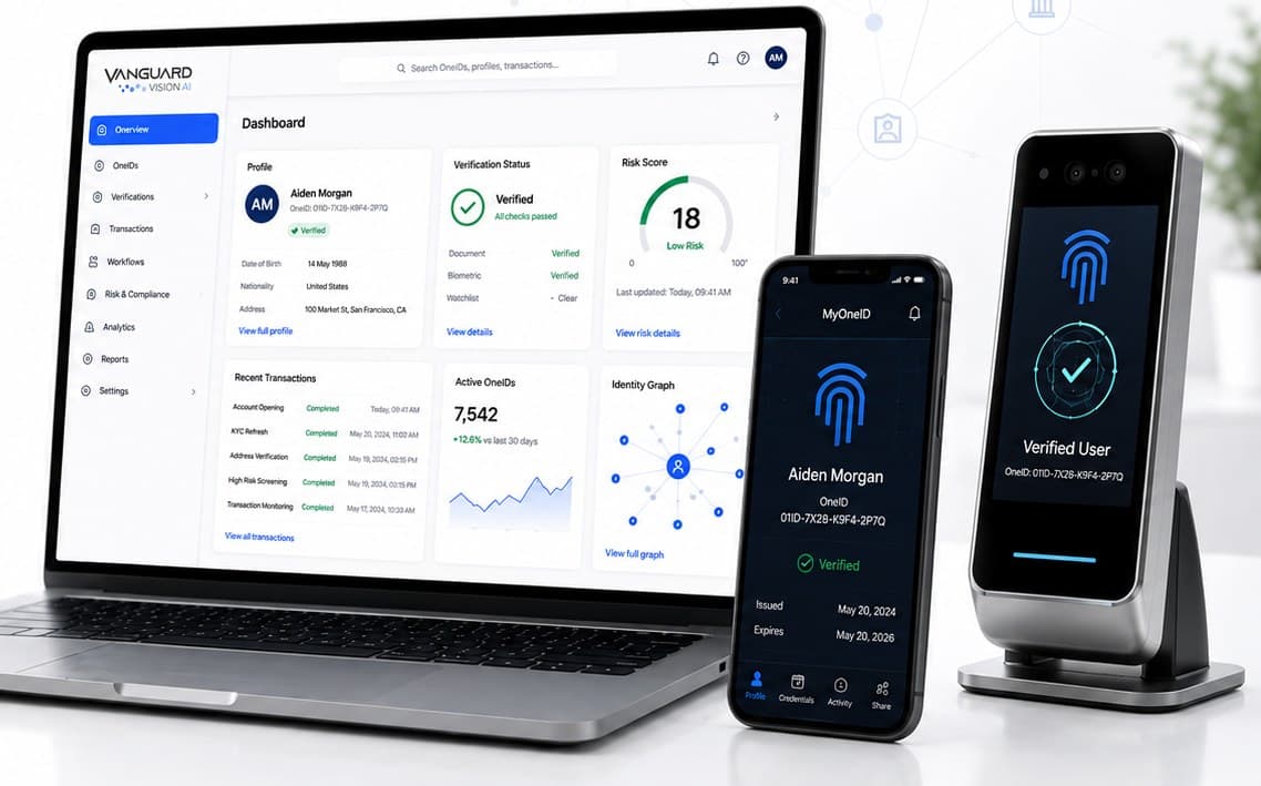 OneID operator dashboard, MyOneID mobile app and a face verification terminal