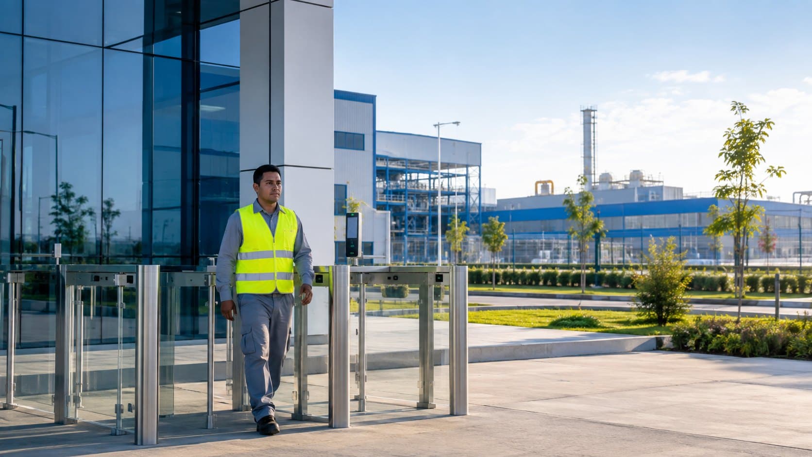 Industrial plant and logistics site where workers, vehicles and access gates are connected through verified identity