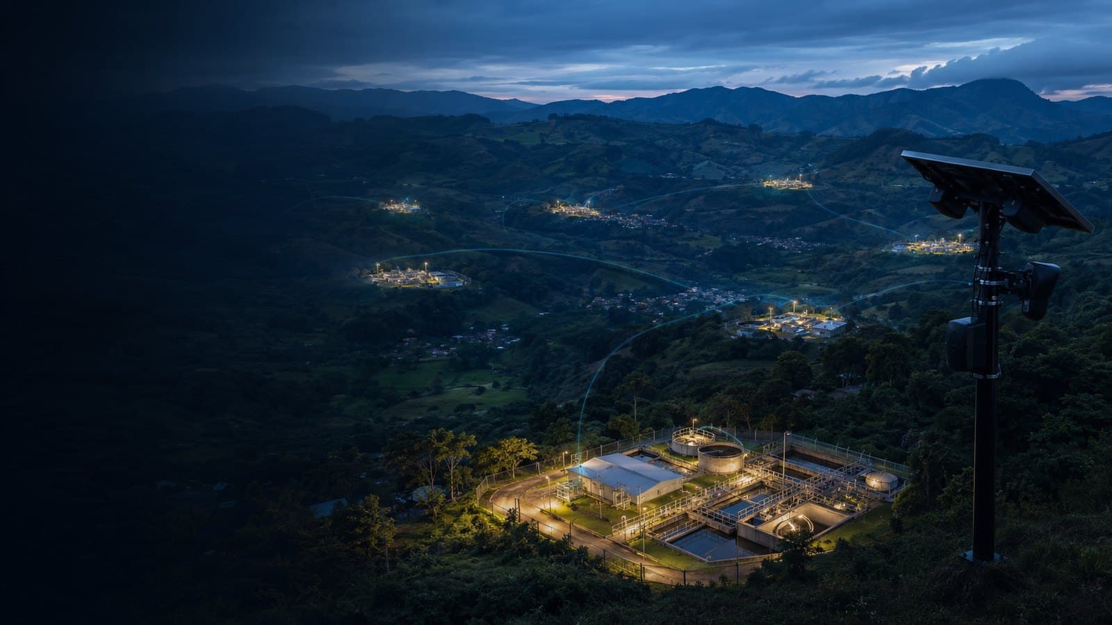 Aerial night view of a facility covered by OneArmor Edge units