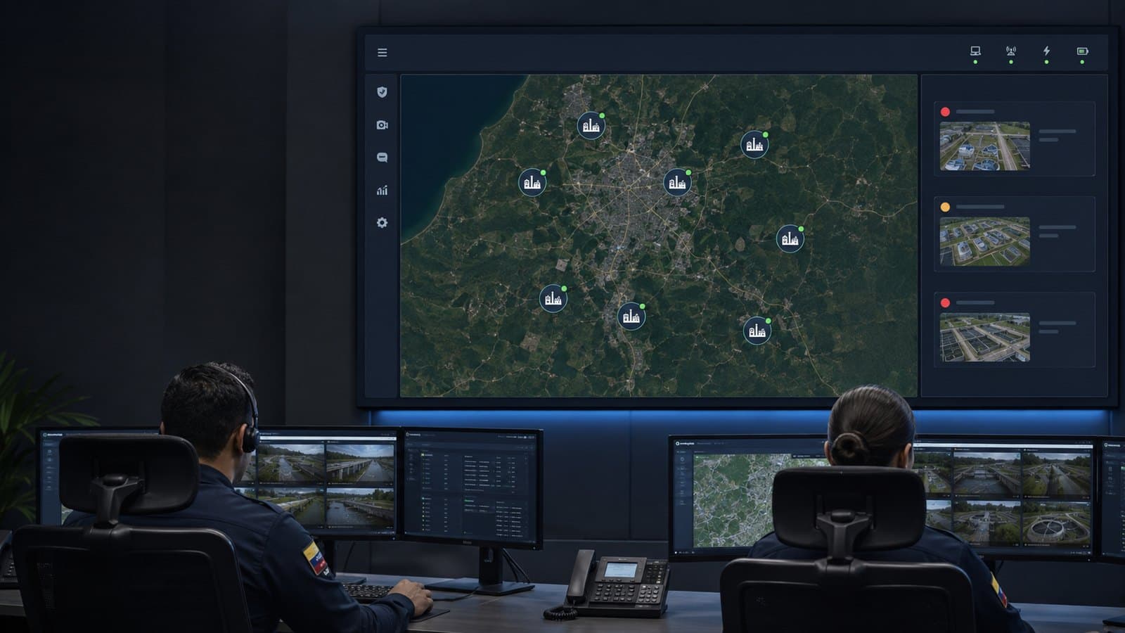 Security operators in a control room reviewing OneArmor sites and incidents