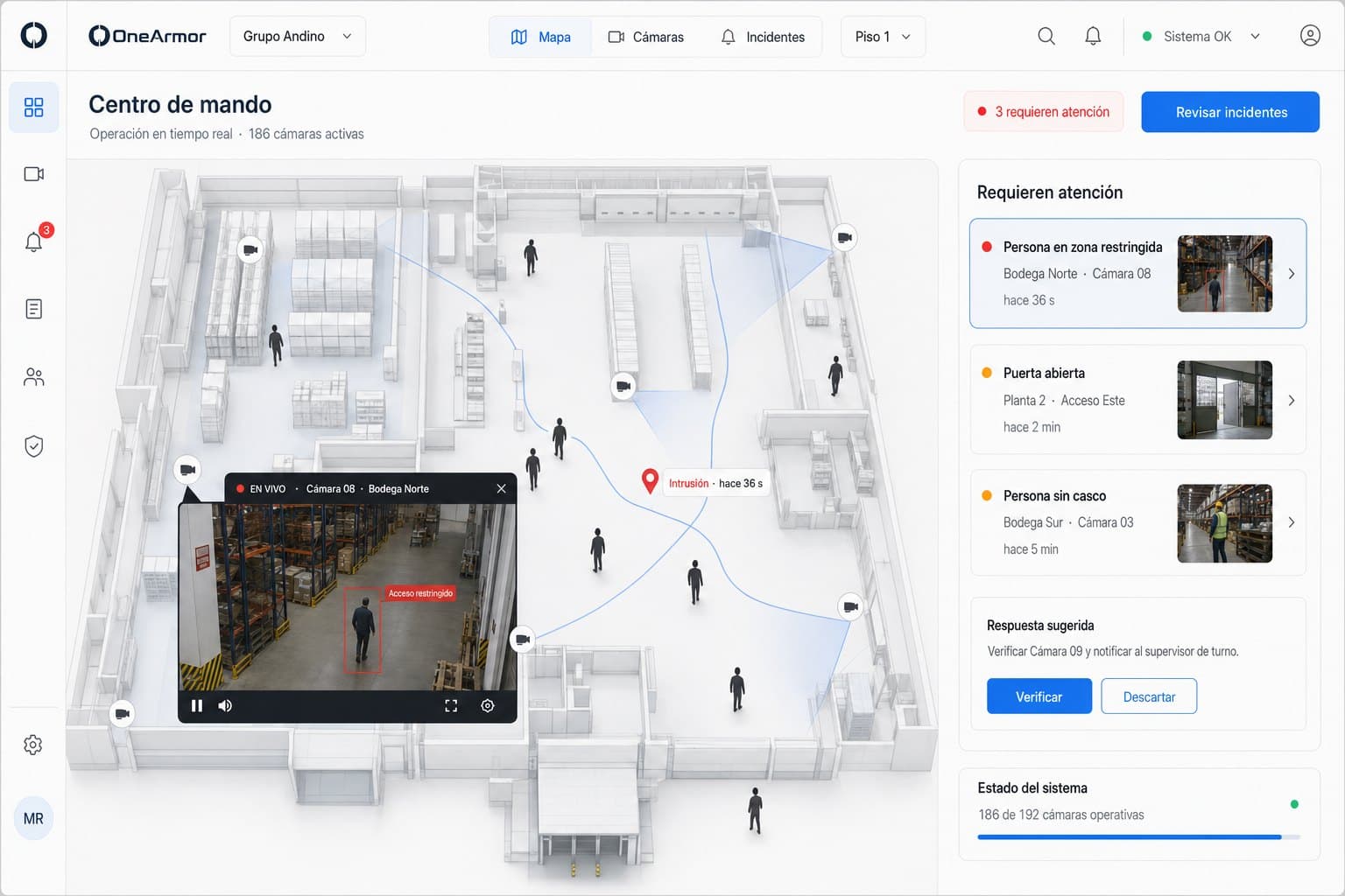 OneArmor command center with a 3D site map, live camera and incidents that need attention