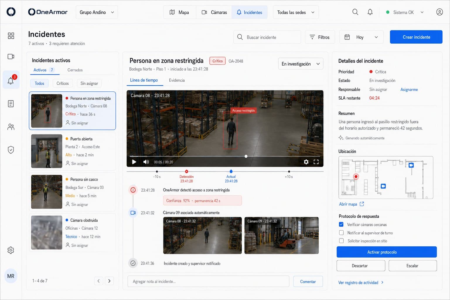 OneArmor incident view with video evidence, timeline, location and response protocol