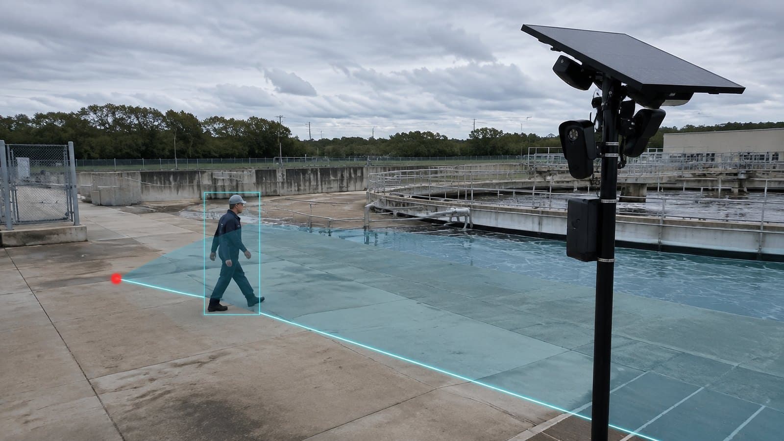 OneArmor detecting a person crossing a virtual line at a water treatment plant