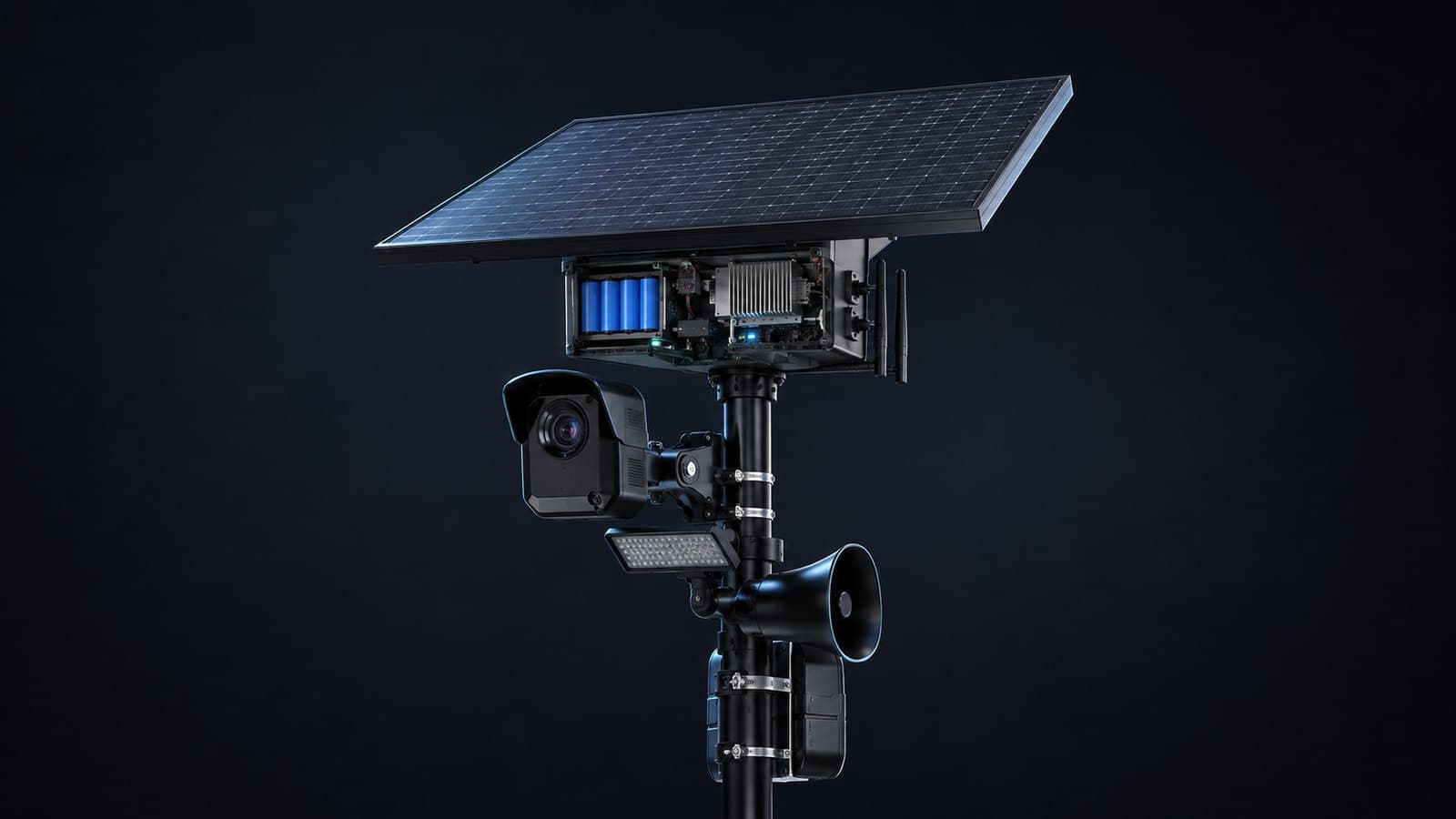 OneArmor Edge autonomous unit with solar panel, camera, light and loudspeaker