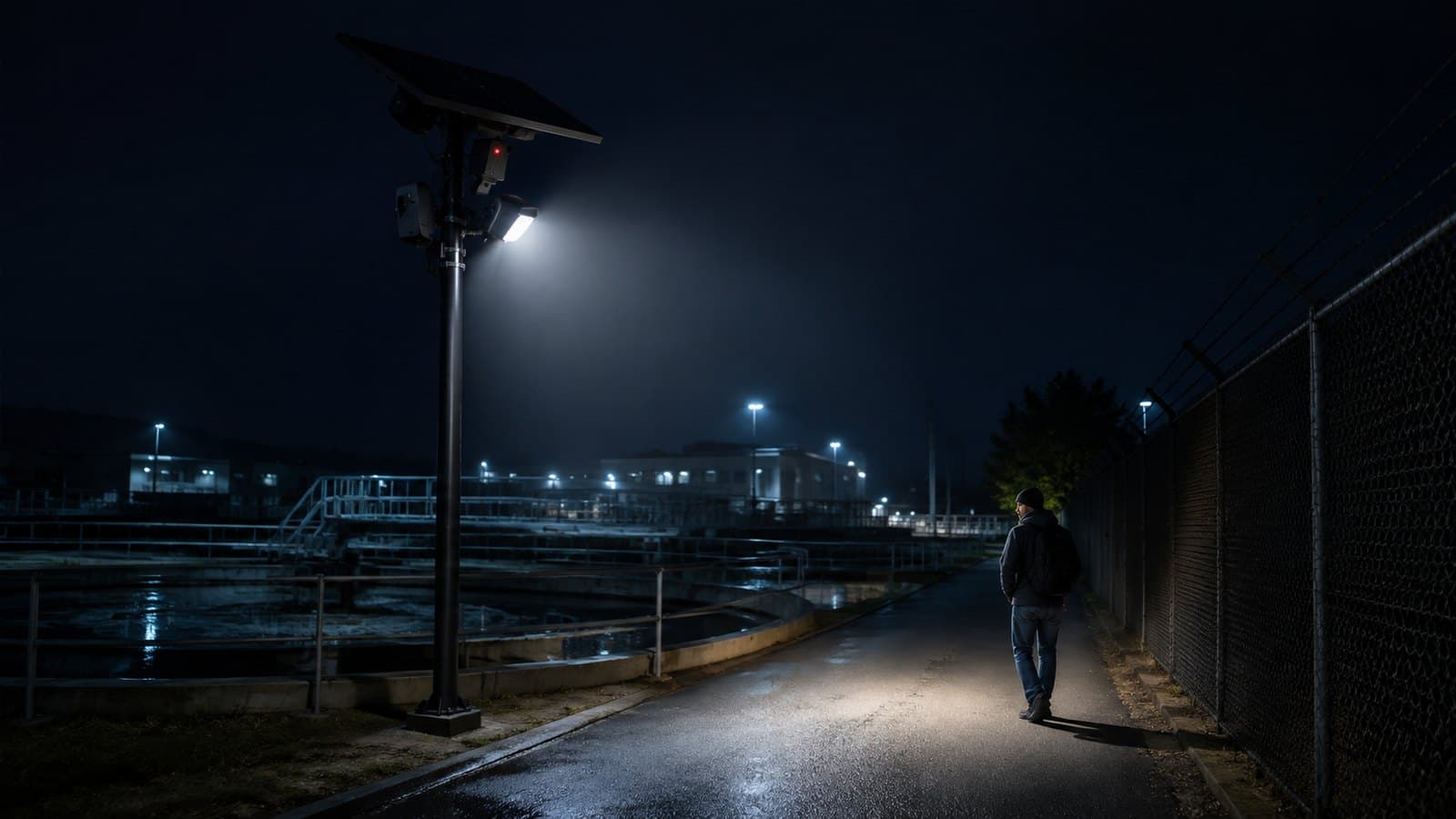 Perimeter of an industrial facility at night monitored by an autonomous OneArmor unit