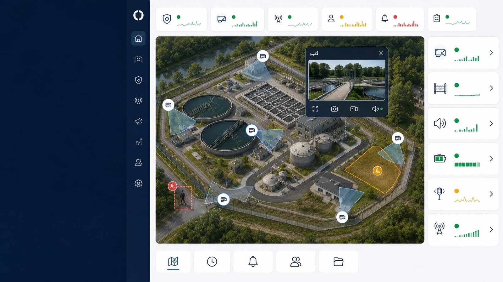 OneArmor site map with camera coverage, an alert and device health